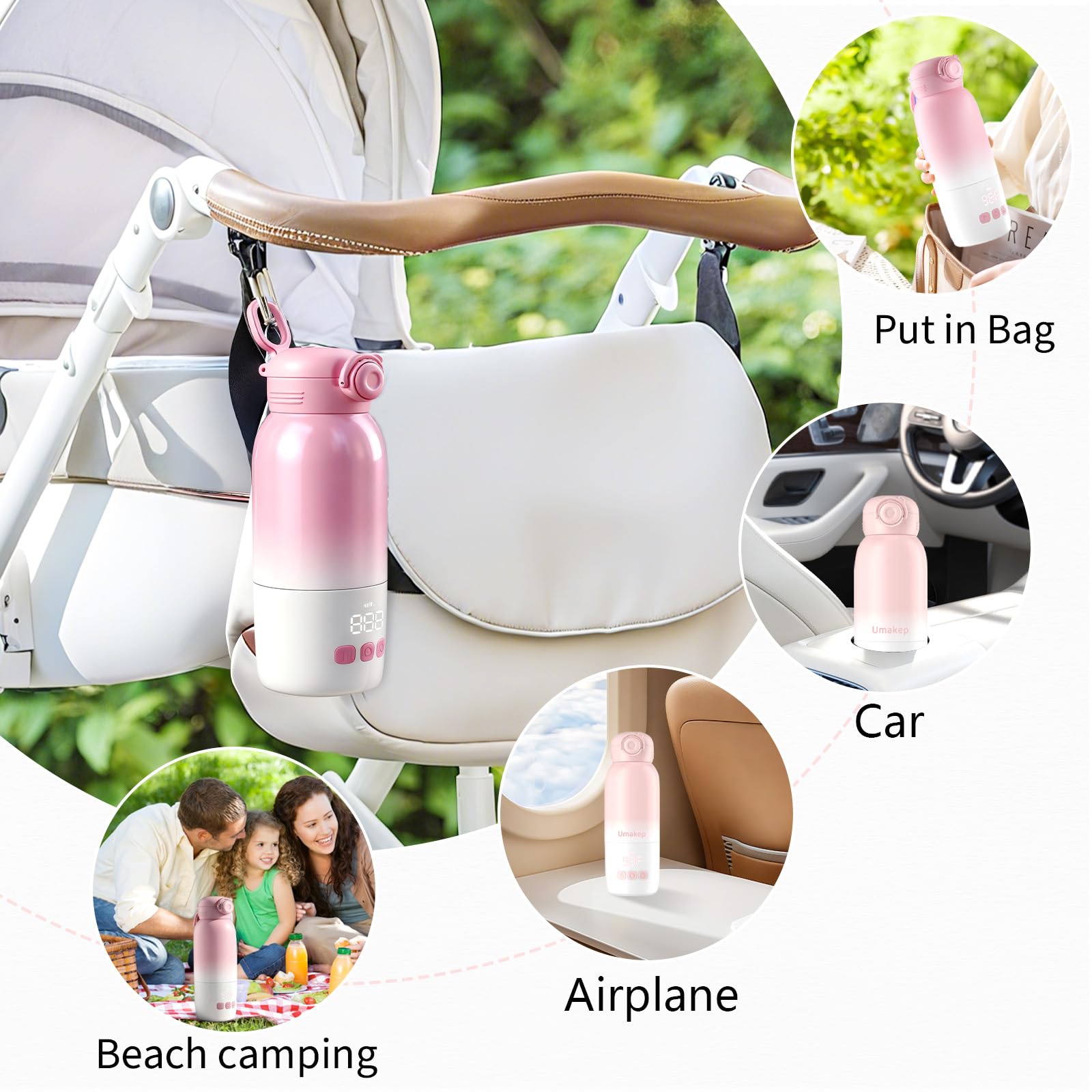 Lifestyle shot of Umakep portable bottle warmer outdoors