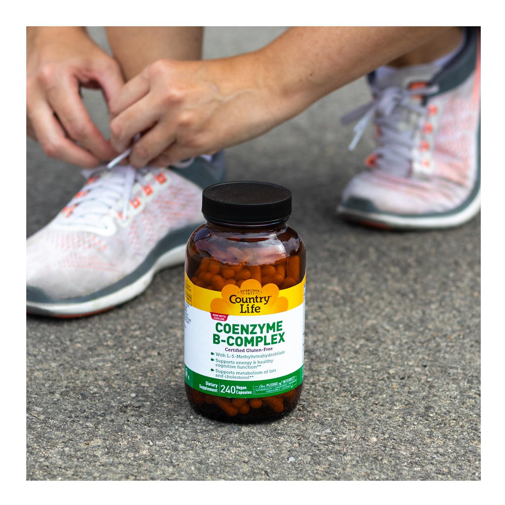Country Life Coenzyme B Complex 240 capsule bottle side view with allergen information.