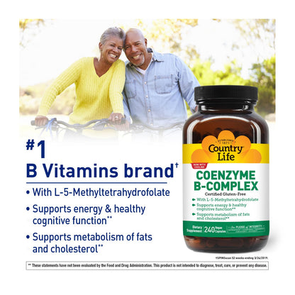 Country Life Coenzyme B Complex bottle highlighting cognitive function and metabolic benefits.