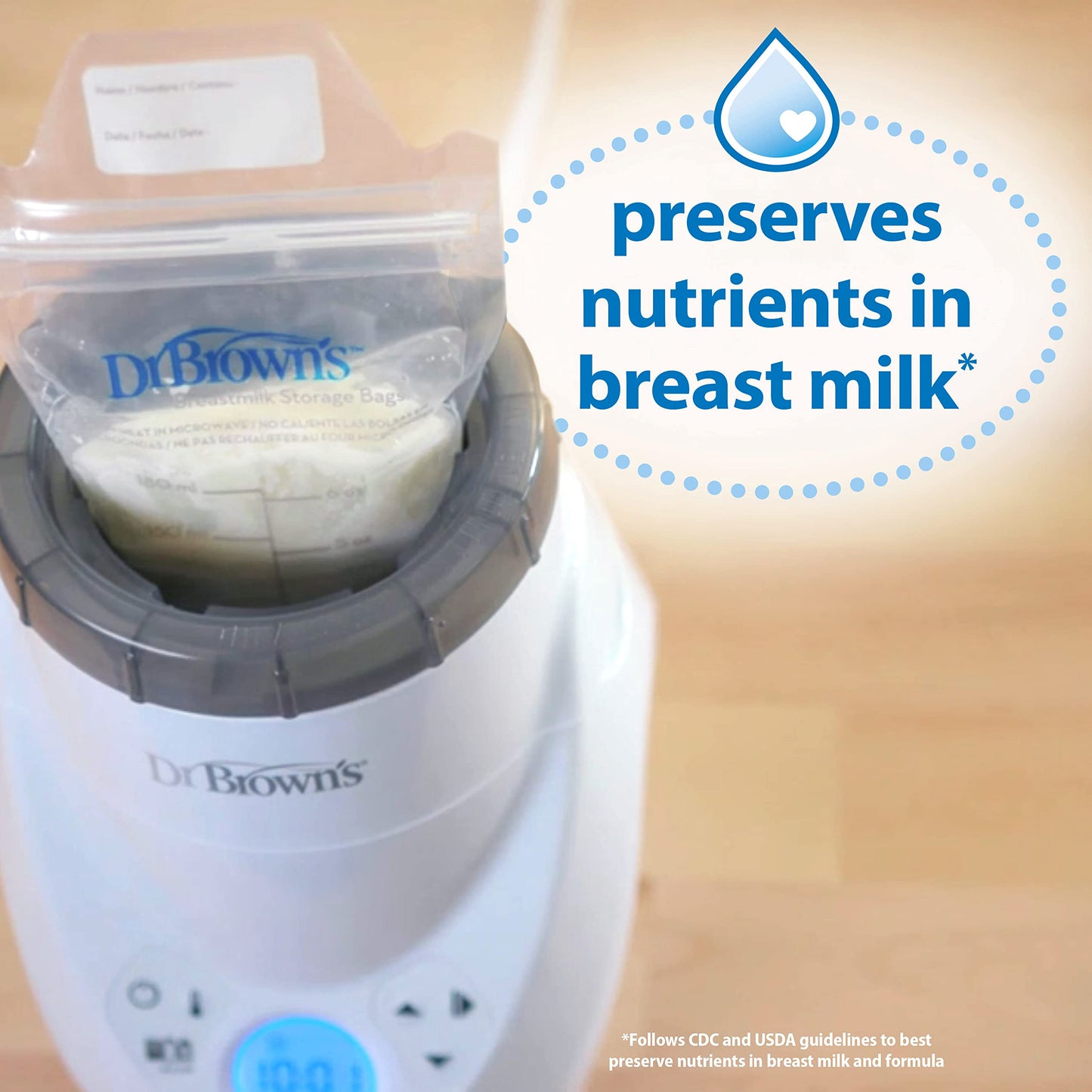 Dr. Brown's MilkSPA used with a breast milk storage bag