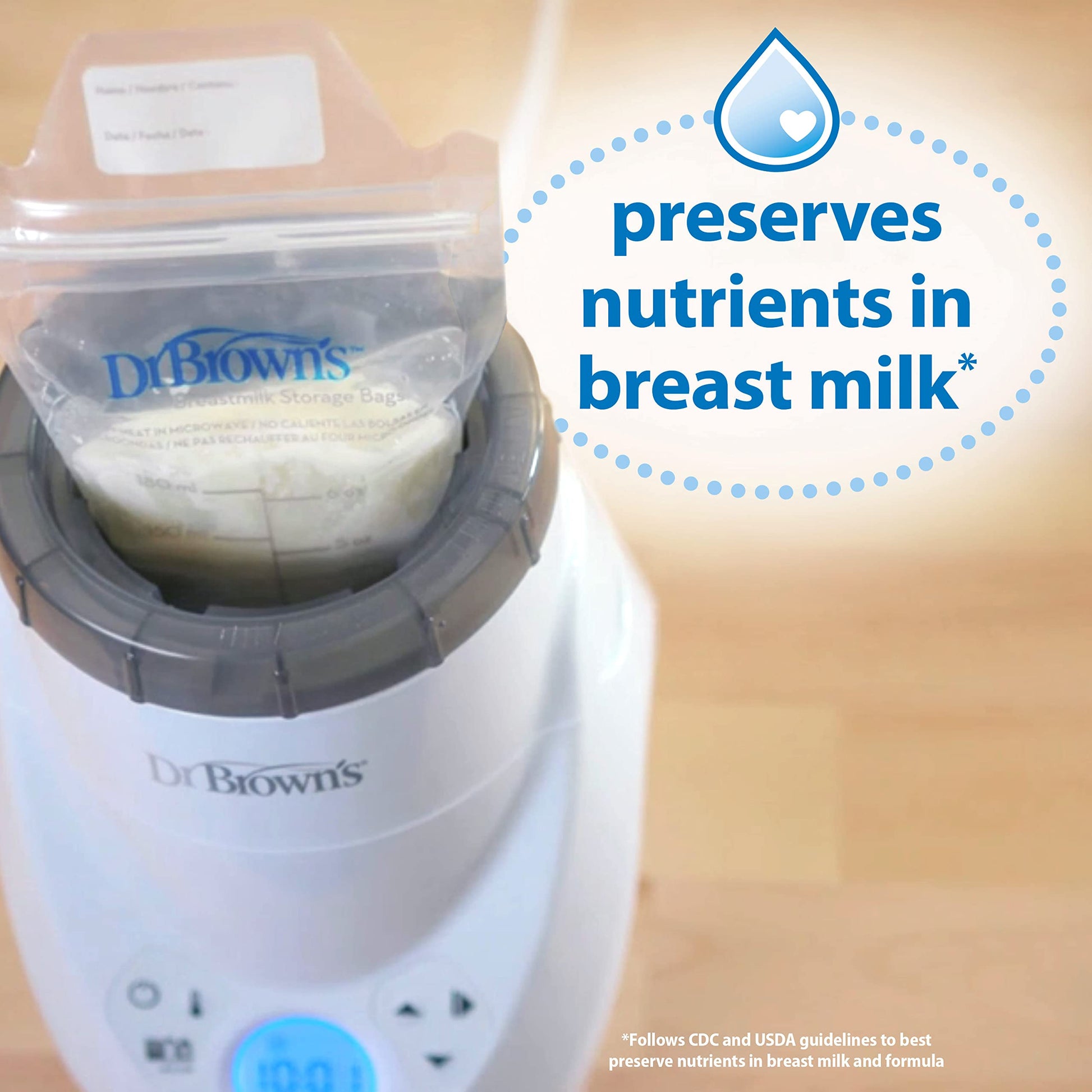 Dr. Brown's MilkSPA used with a breast milk storage bag