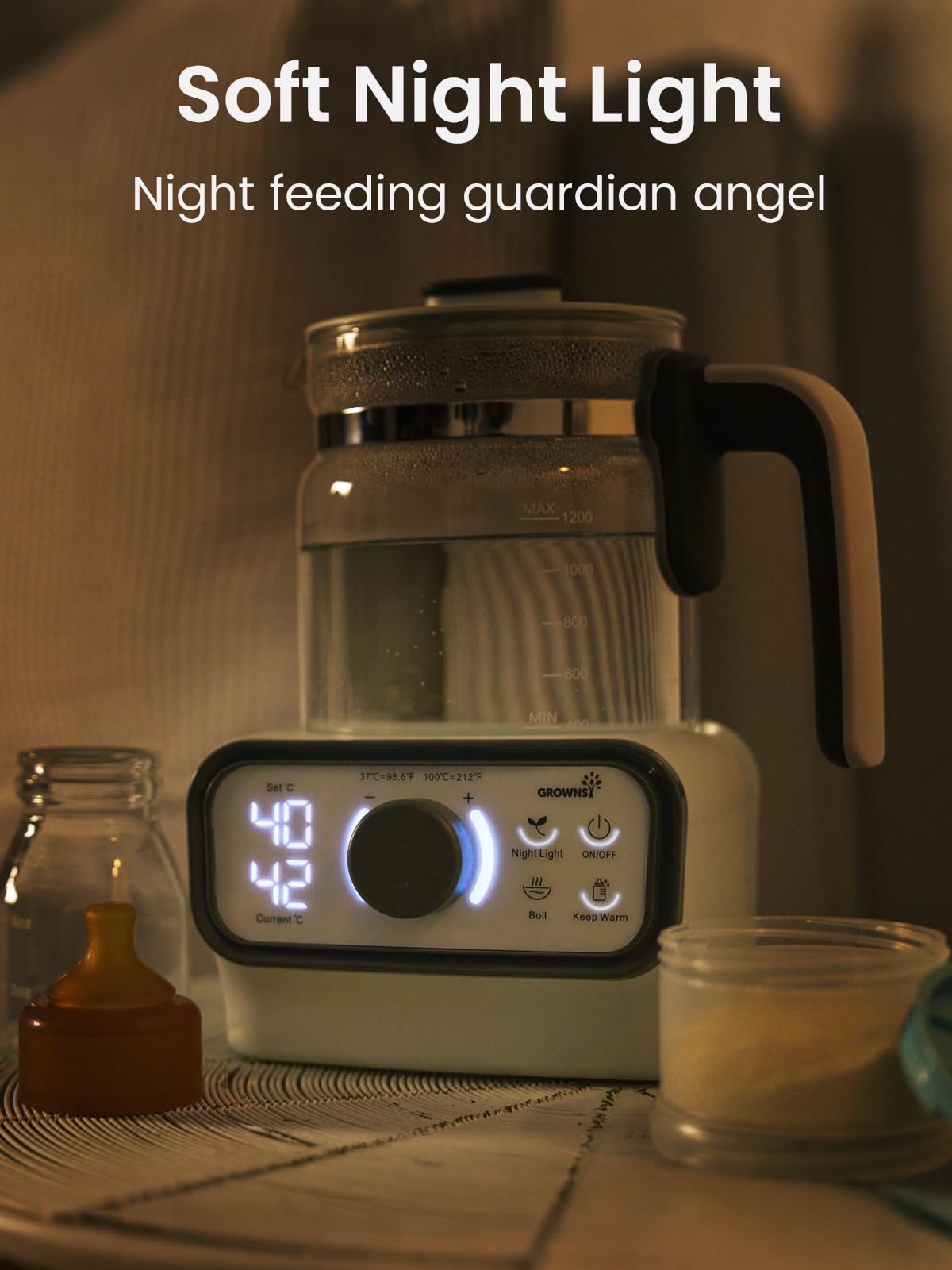 Grownsy electric kettle showing temperature setting mode