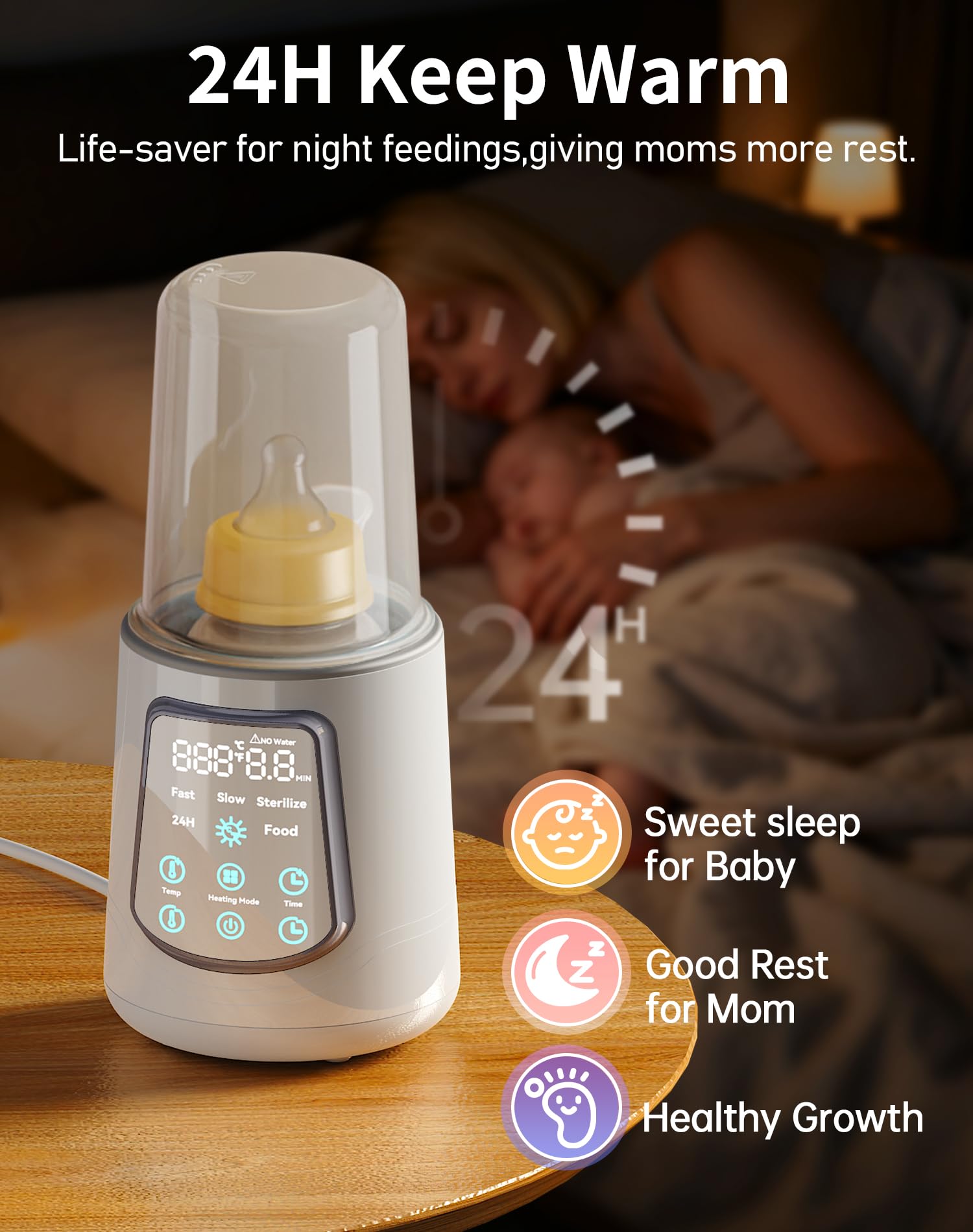 Digital LED interface of Kumikimi milk warmer in night mode