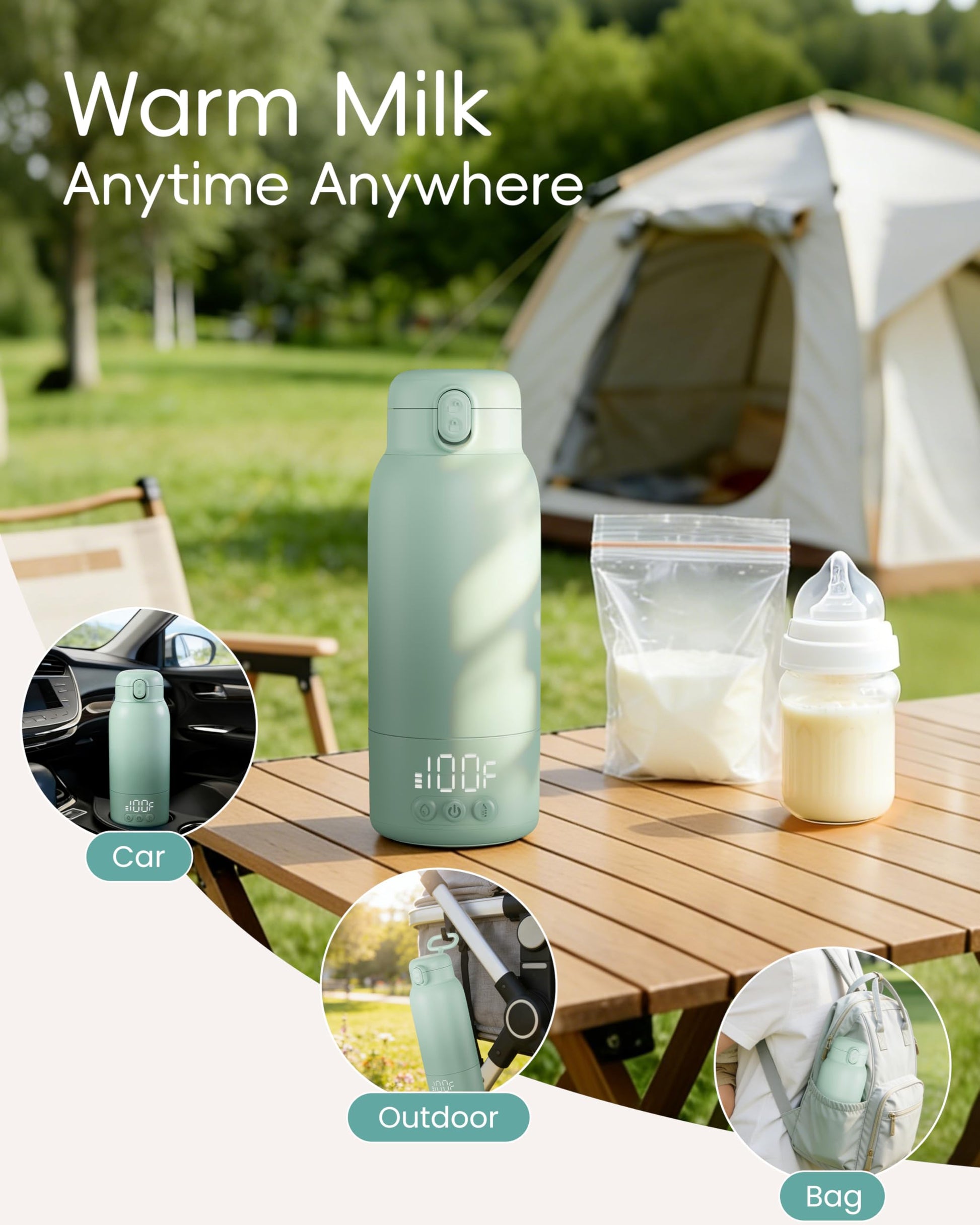 Lifestyle shot of Edenpeer travel milk warmer in outdoor setting
