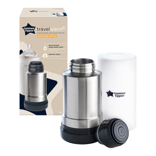 Tommee Tippee travel bottle warmer showing the thermal flask and warming lid