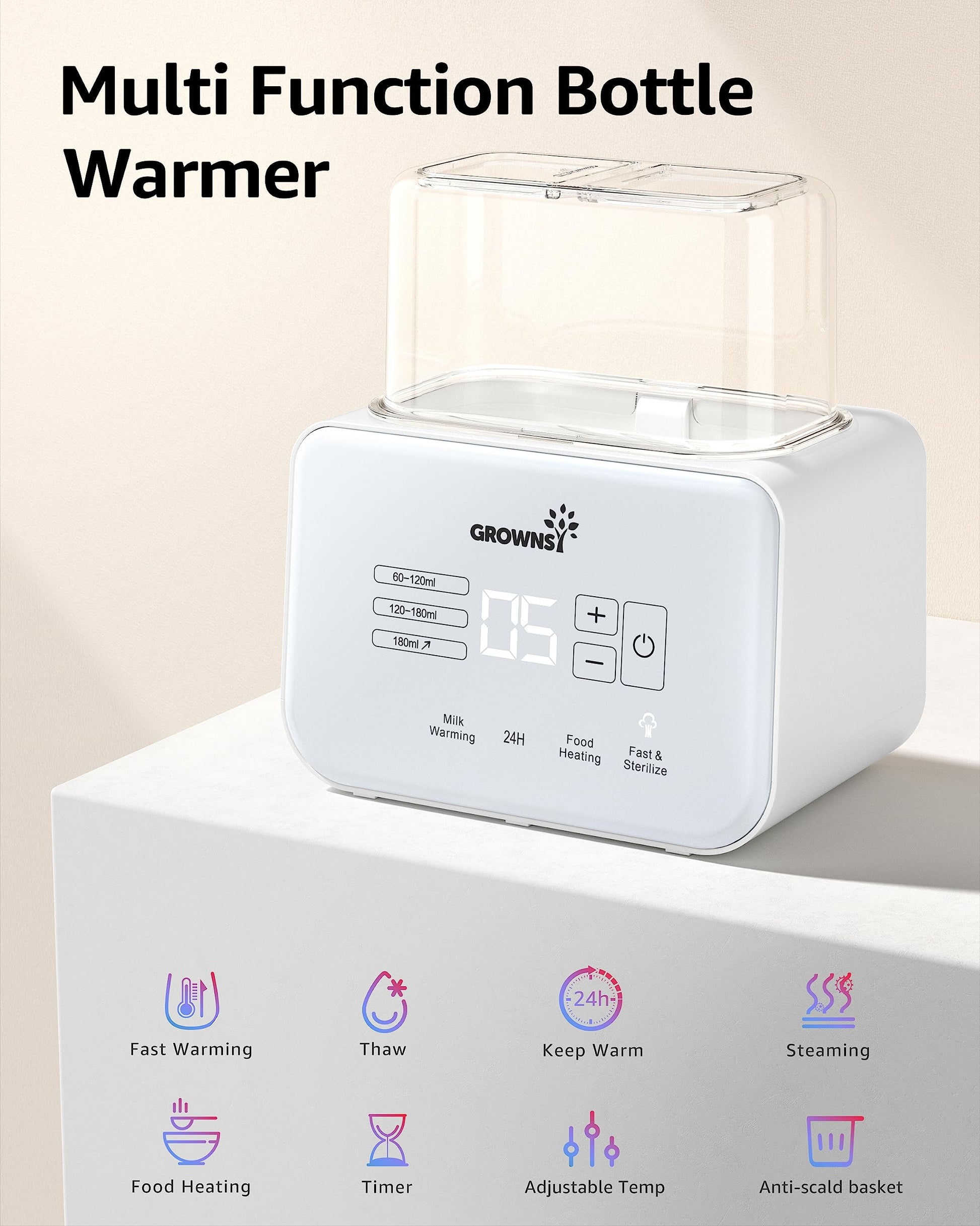 Side profile of Grownsy bottle warmer showing dual bottle capacity