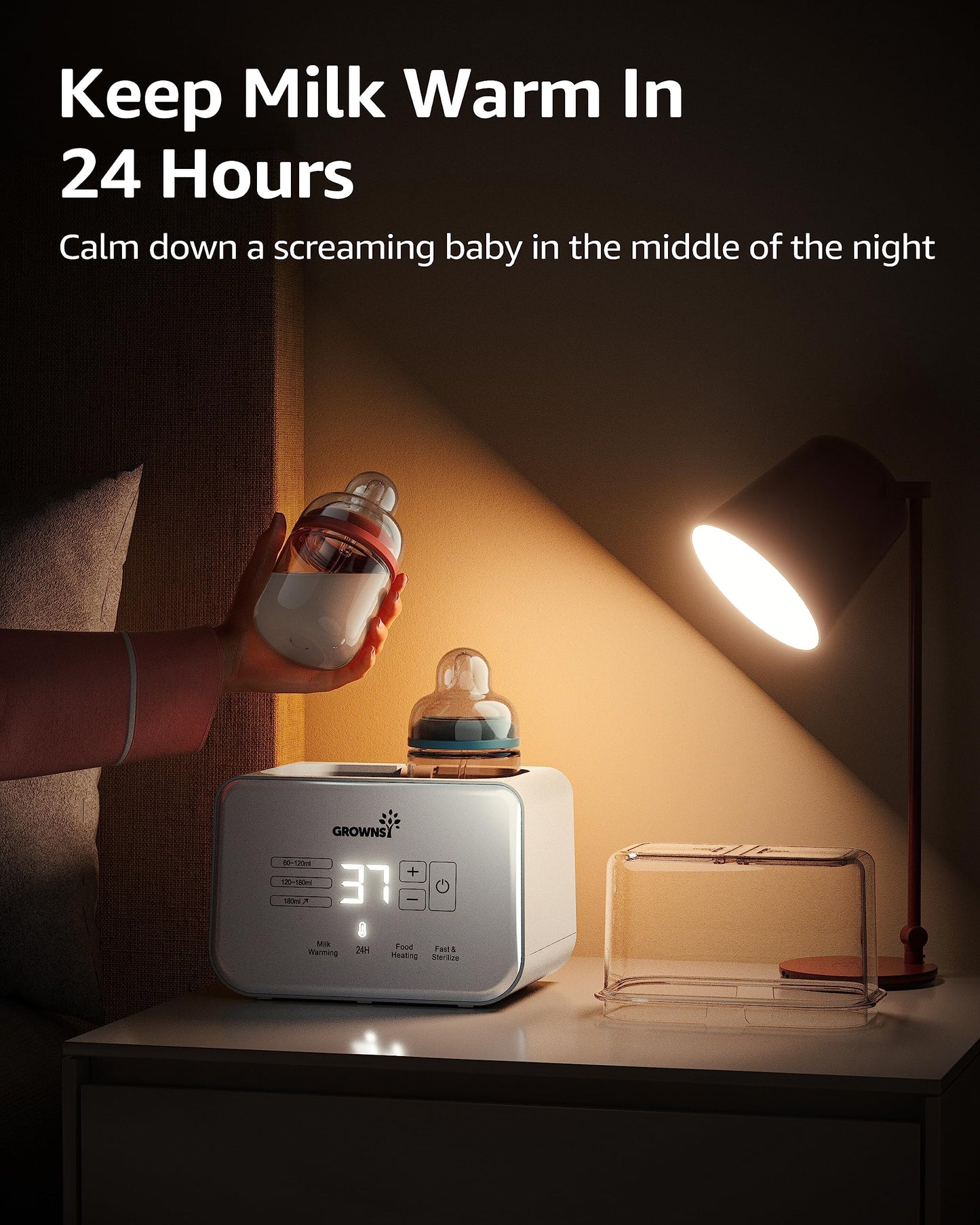 Grownsy bottle warmer with bottles inside showing sterilization function