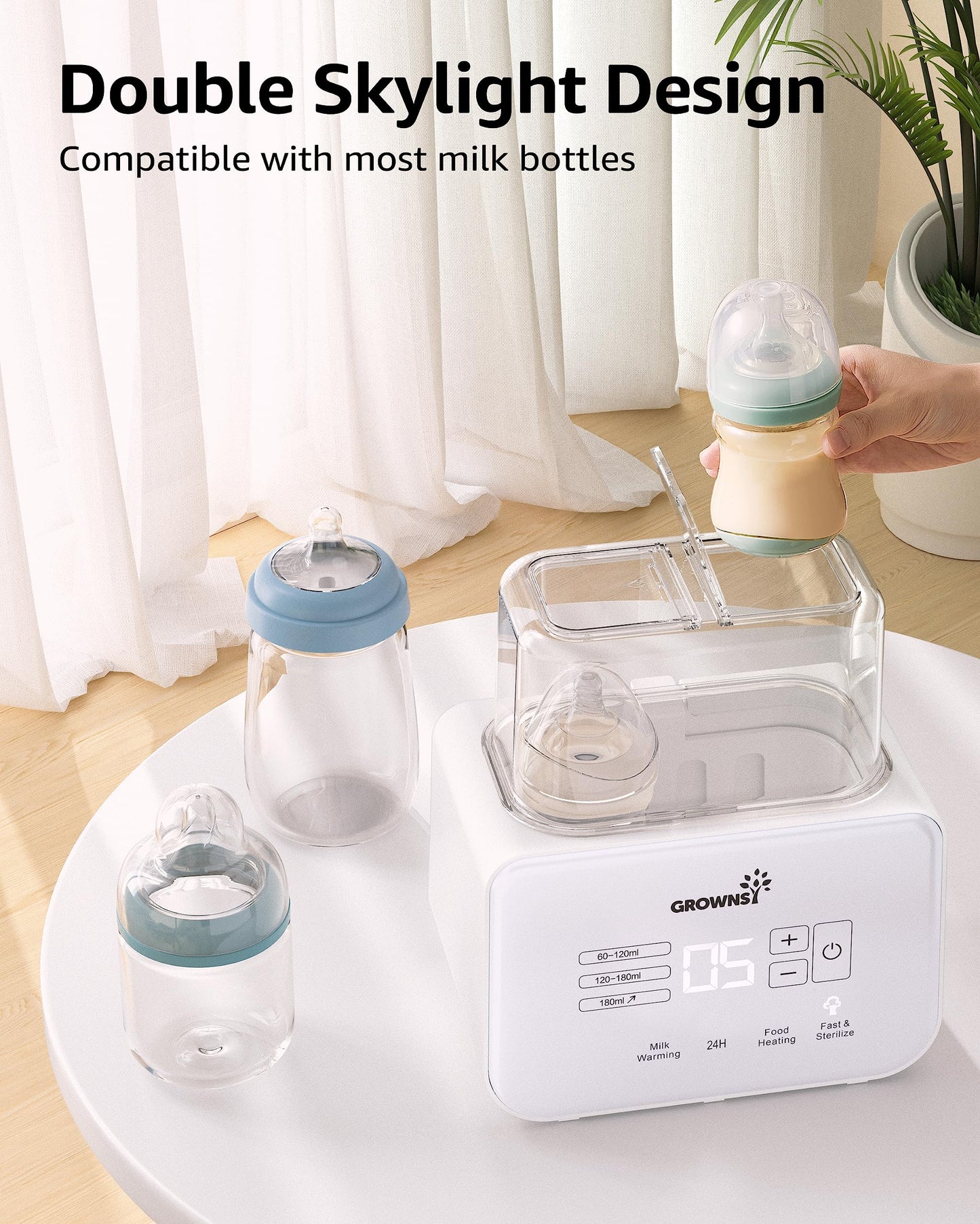 White Grownsy electric bottle warmer in a modern nursery setting