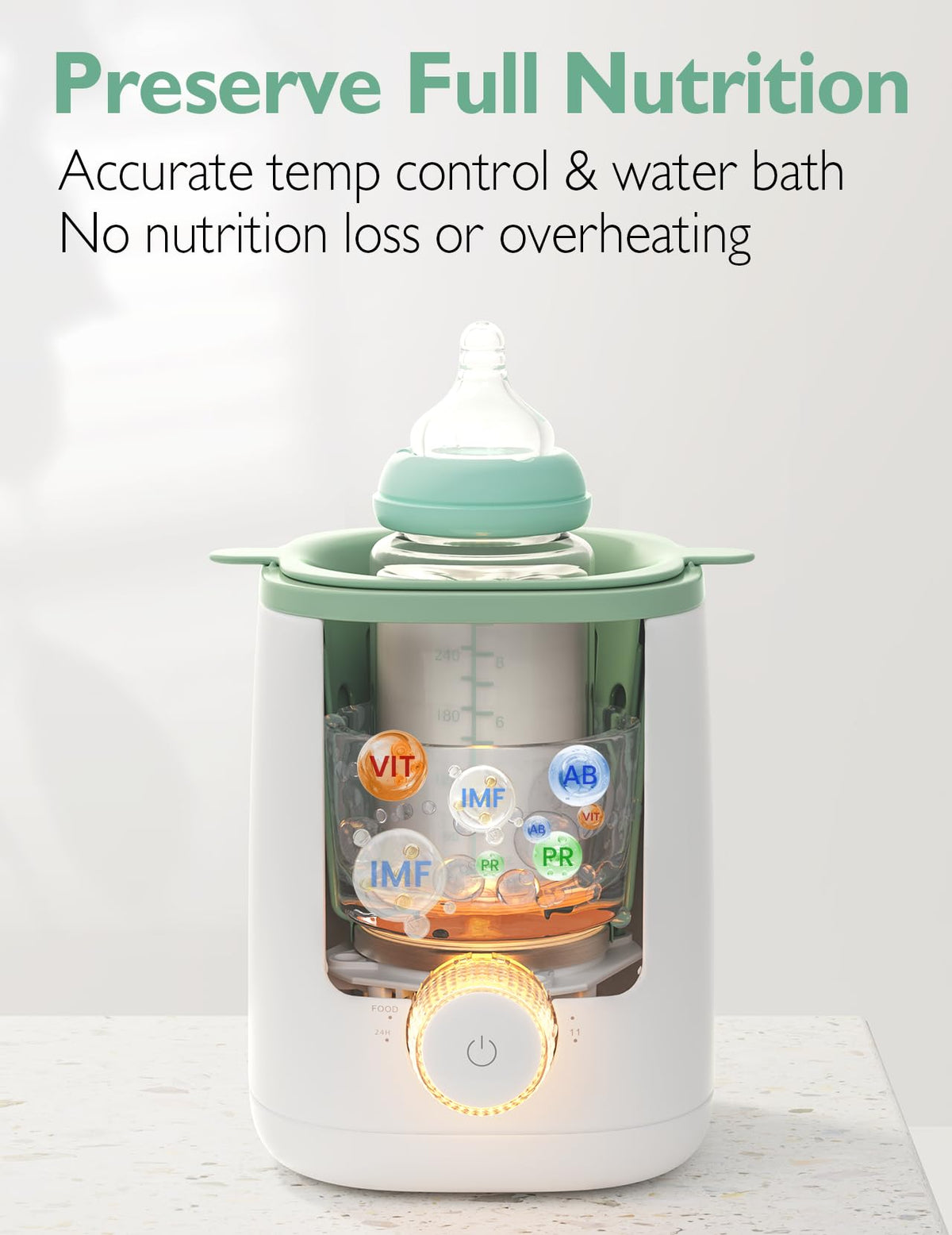 Momcozy bottle warmer heating a milk bottle in a nursery setting