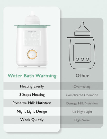 Close up view of the Momcozy bottle warmer warming a breast milk storage bag
