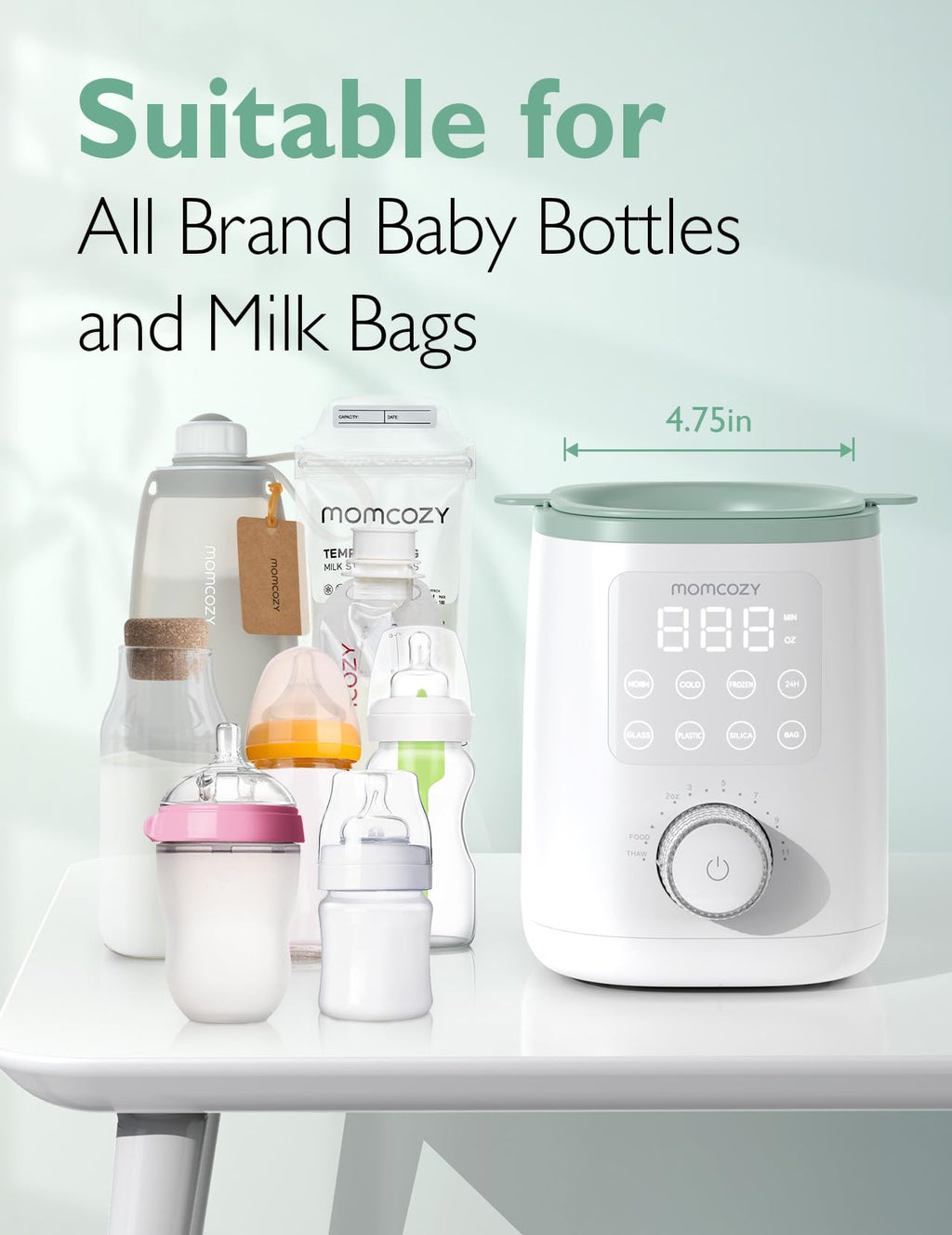 Side profile of Momcozy baby bottle warmer showing compact design