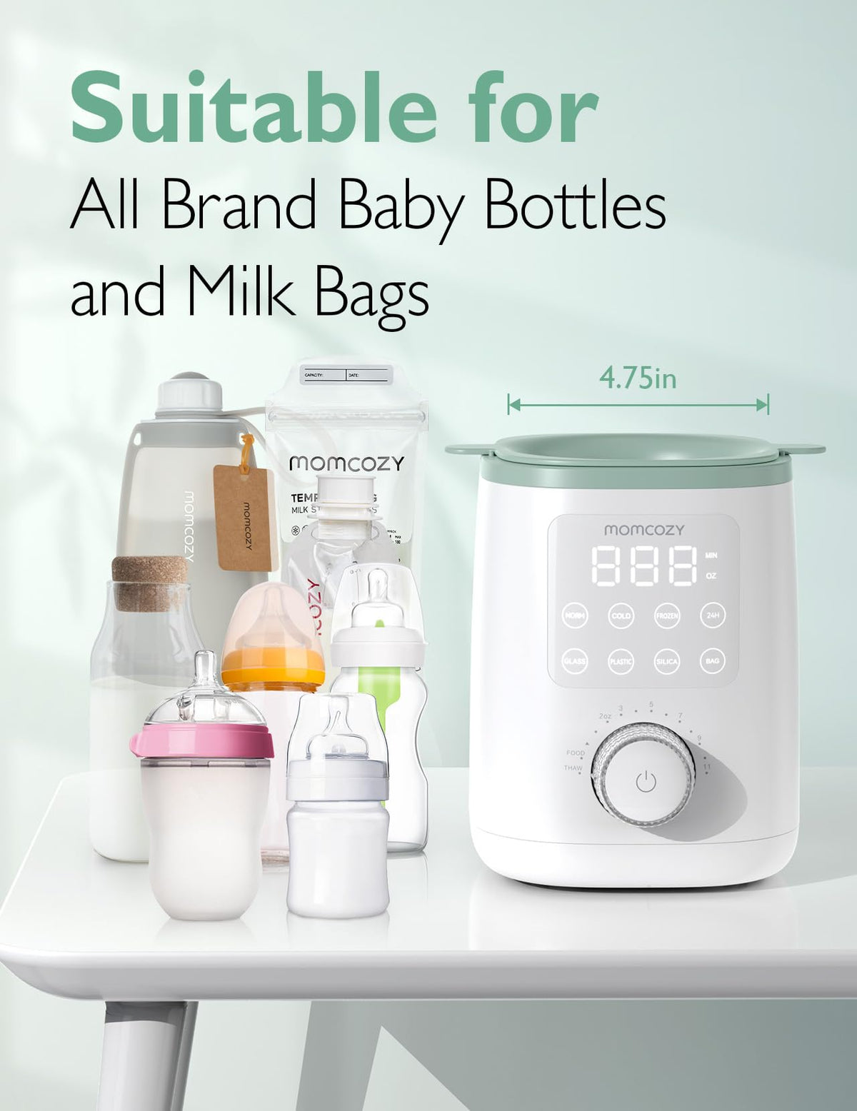 Side profile of Momcozy baby bottle warmer showing compact design