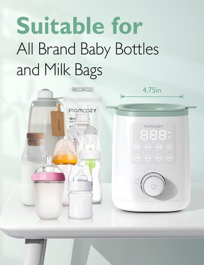 Side profile of Momcozy baby bottle warmer showing compact design
