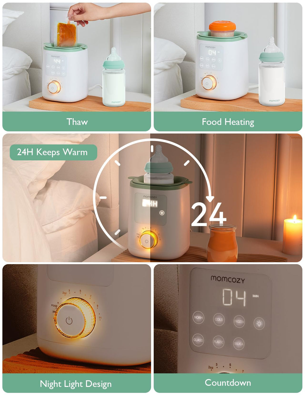 Momcozy bottle warmer next to various types of baby bottles
