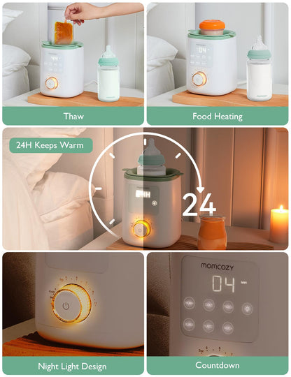 Momcozy bottle warmer next to various types of baby bottles
