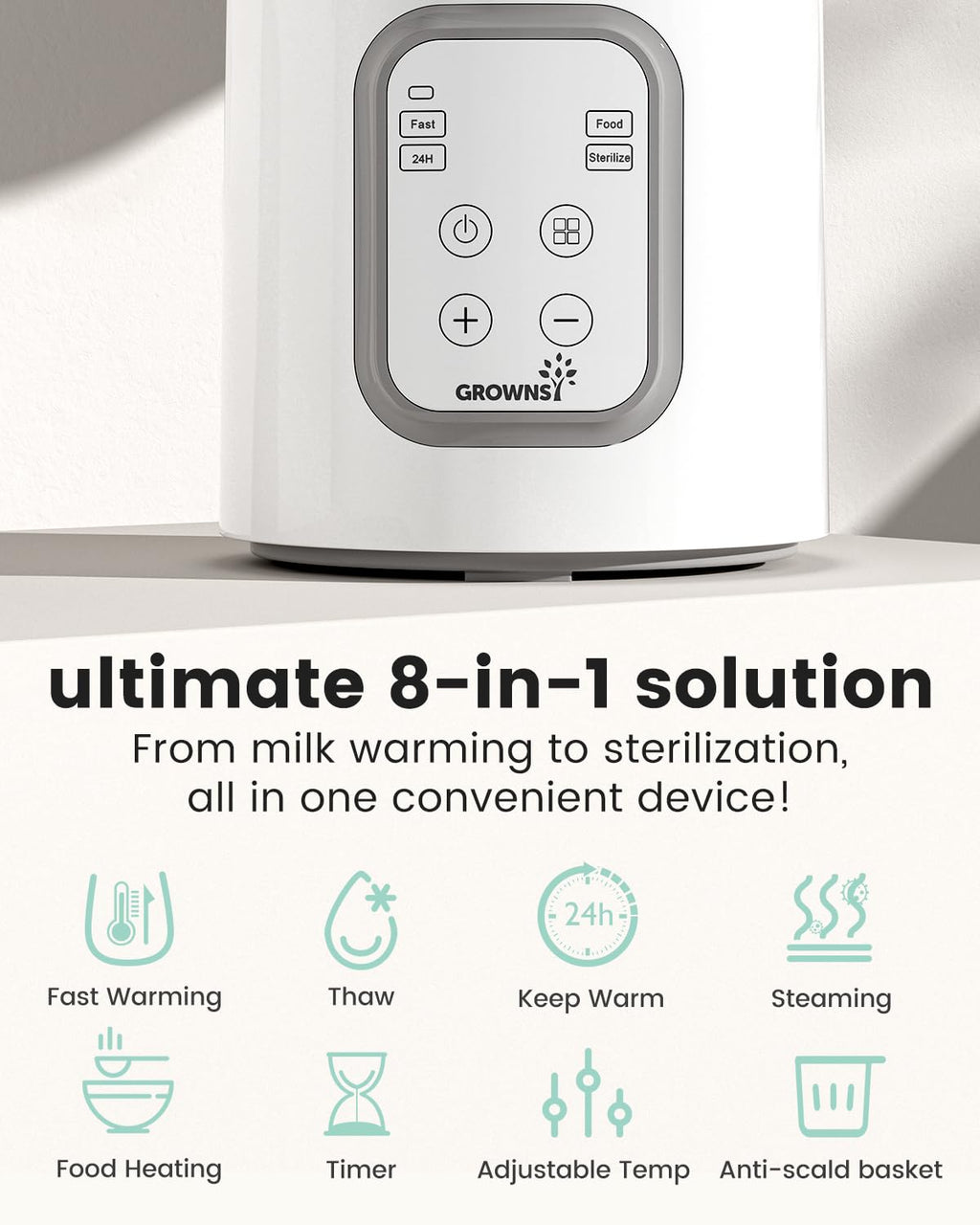 Side view of Grownsy baby bottle warmer with temperature controls