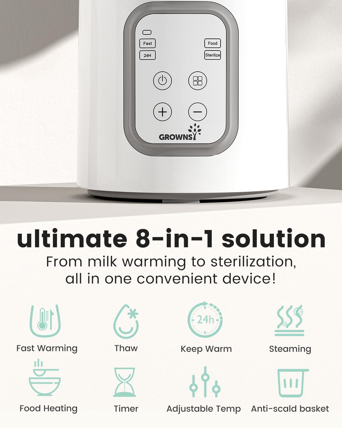 Side view of Grownsy baby bottle warmer with temperature controls