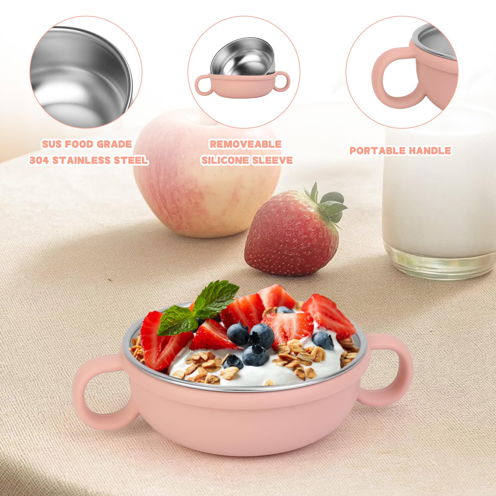 Toddler using Offkitsly stainless steel snack bowl with easy grip handles