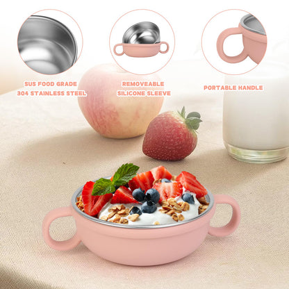 Toddler using Offkitsly stainless steel snack bowl with easy grip handles