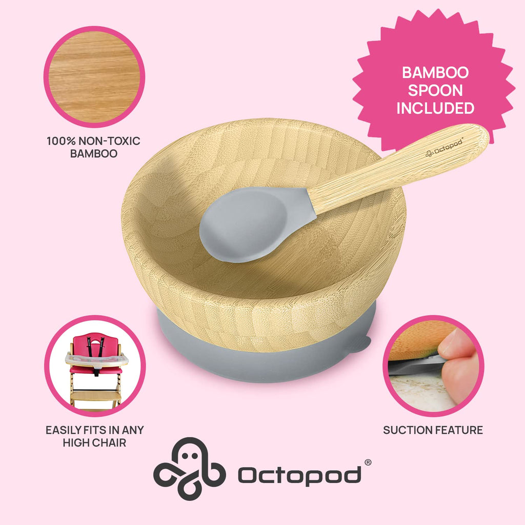 Side view of Abiie bamboo baby bowl showing the suction base