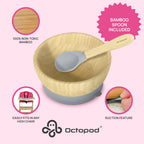 Side view of Abiie bamboo baby bowl showing the suction base