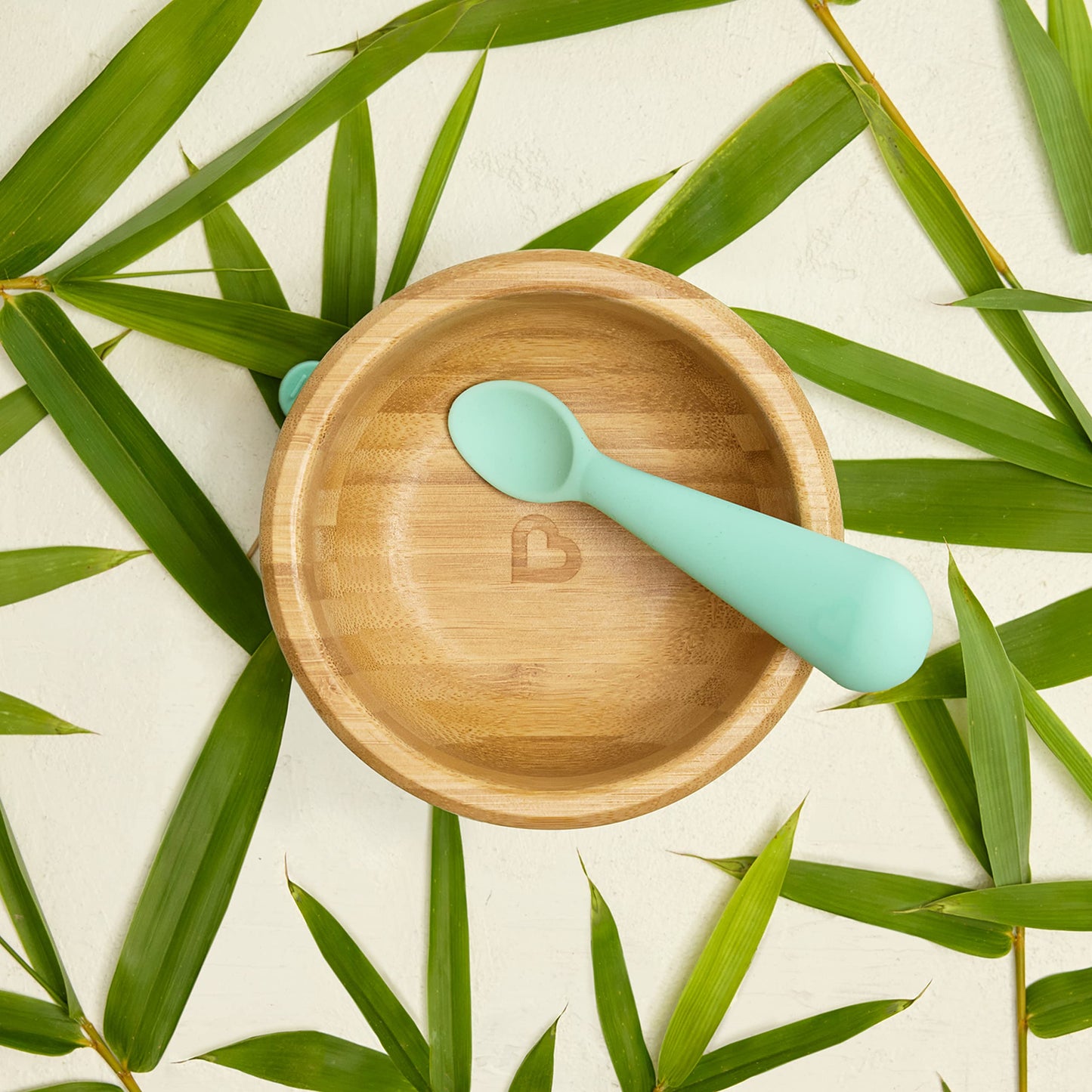 Top view of non-toxic bamboo bowl and spoon set