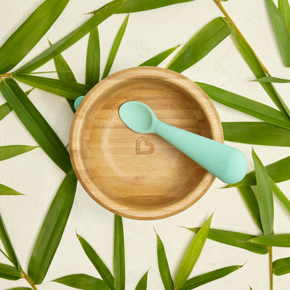 Top view of non-toxic bamboo bowl and spoon set