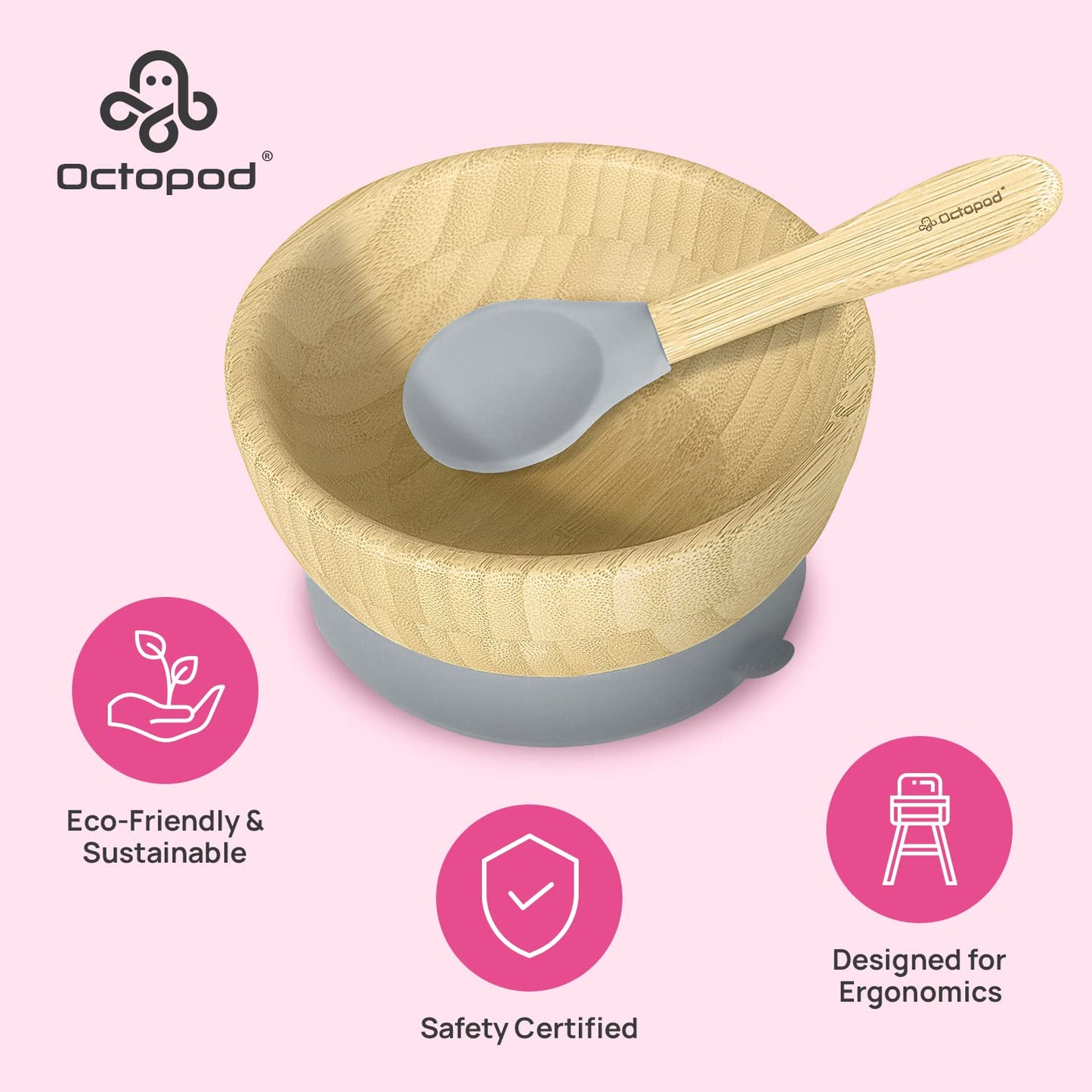 Top down view of Abiie Octopod baby bowl on a high chair tray