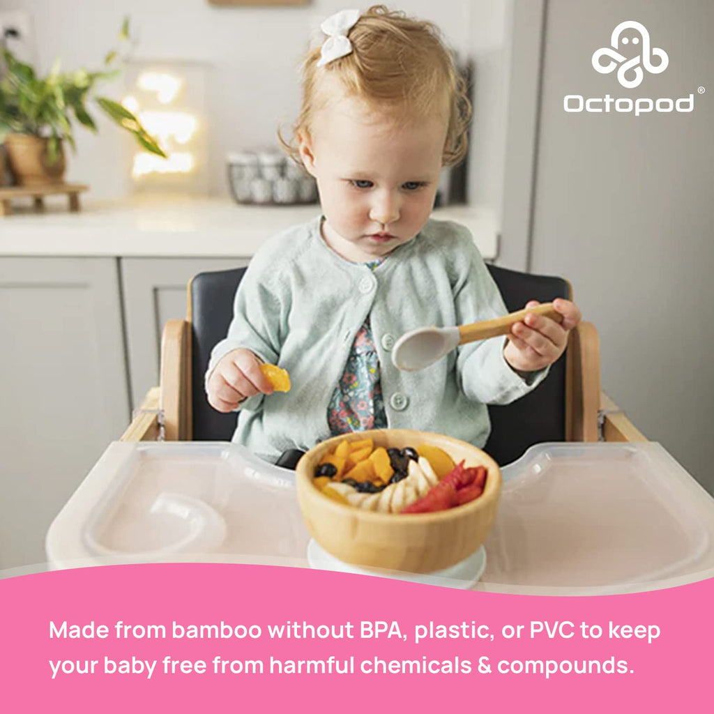 The Abiie Octopod bowl and spoon set arranged for baby feeding
