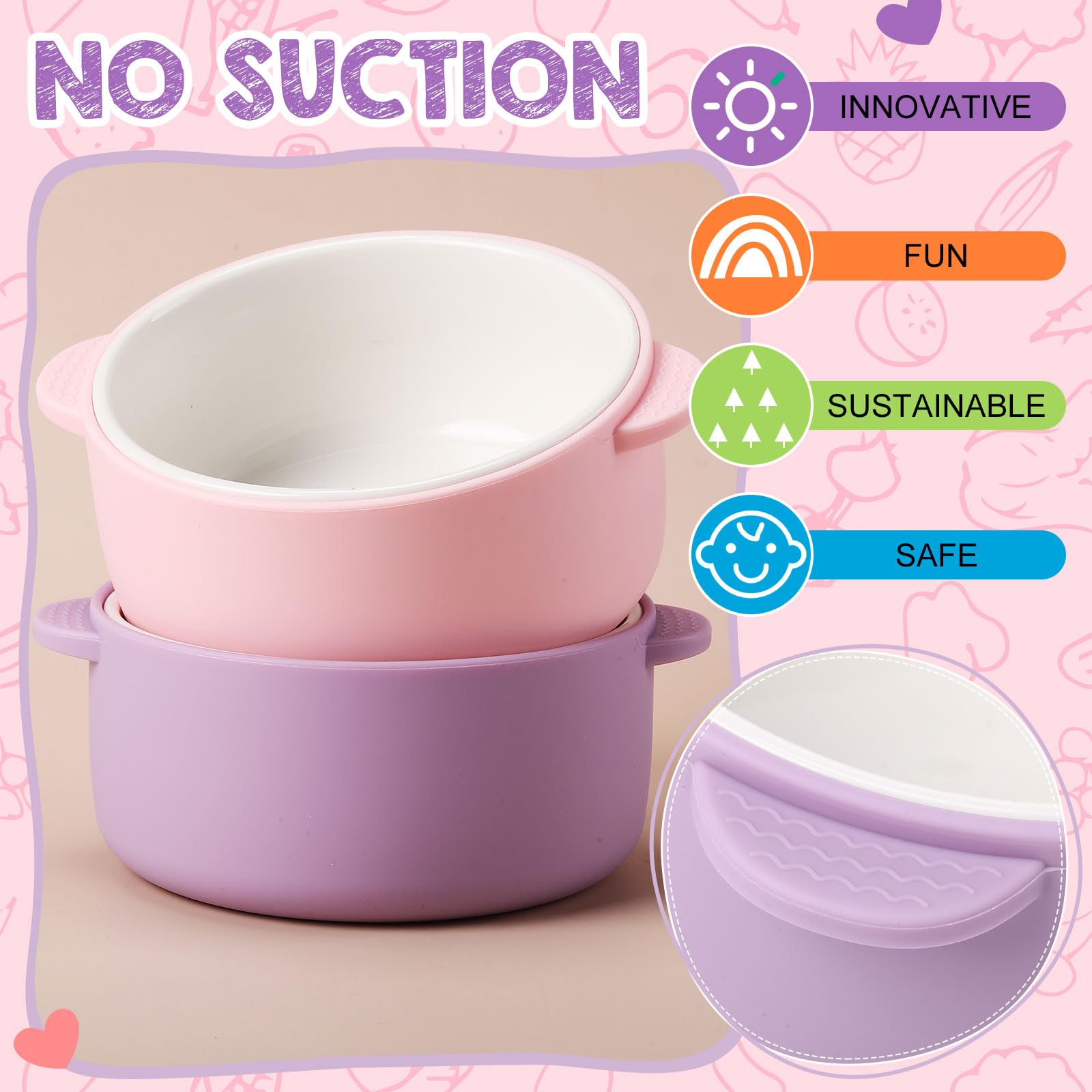 Top down view of Domensi feeding bowls showing porcelain interior and silicone grip