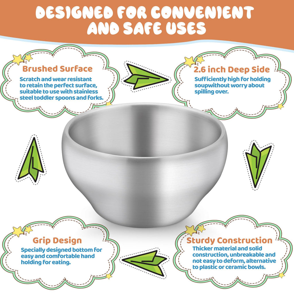 Stack of 6 stainless steel bowls for kids showing double wall