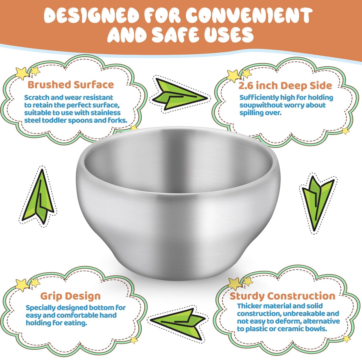 Stack of 6 stainless steel bowls for kids showing double wall
