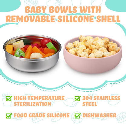 Nuogo anti scald baby bowls in pink and green colors