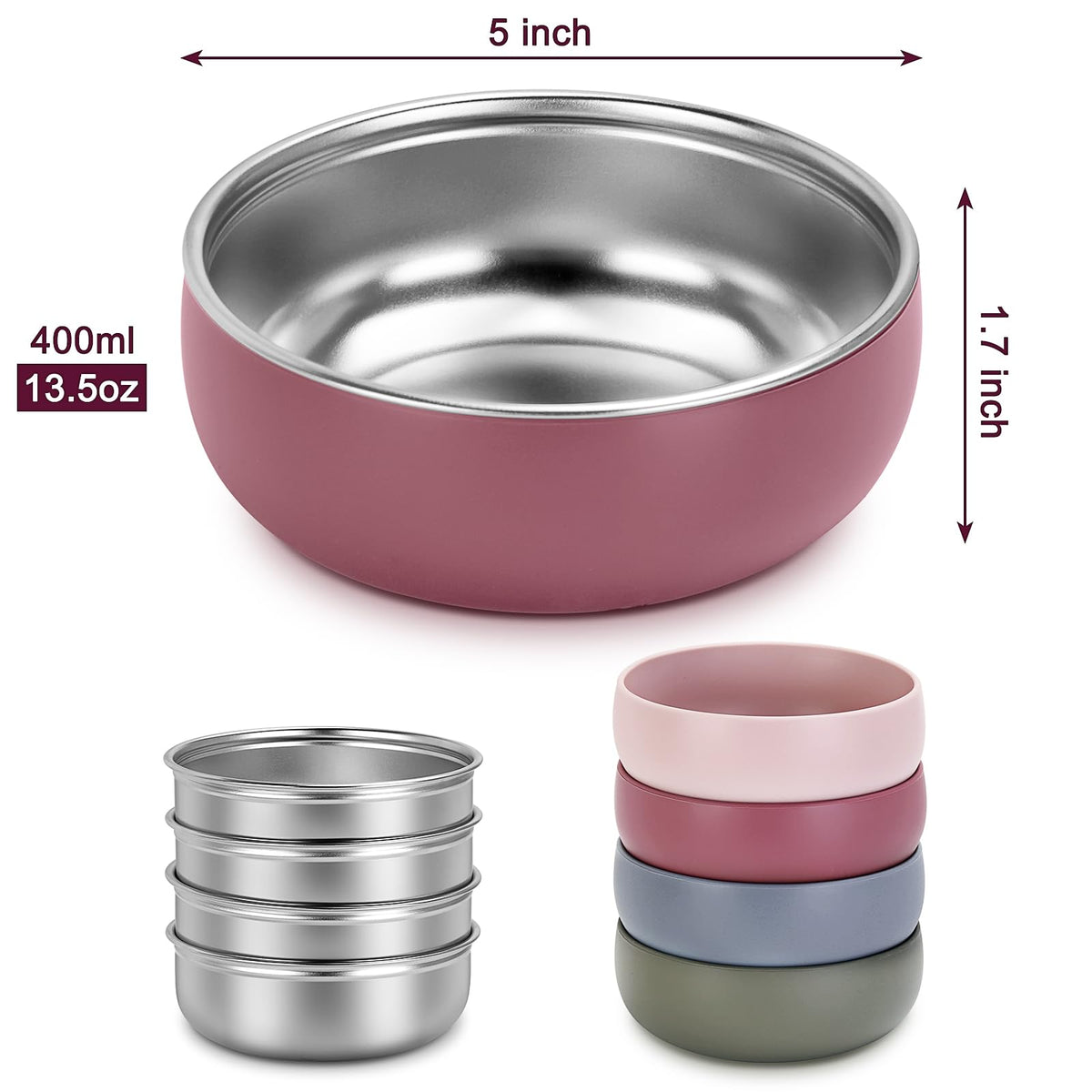 Four pack of ShineMe stainless steel baby bowls arranged on a table