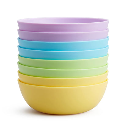 Stackable Munchkin baby bowls in assorted pastel colors