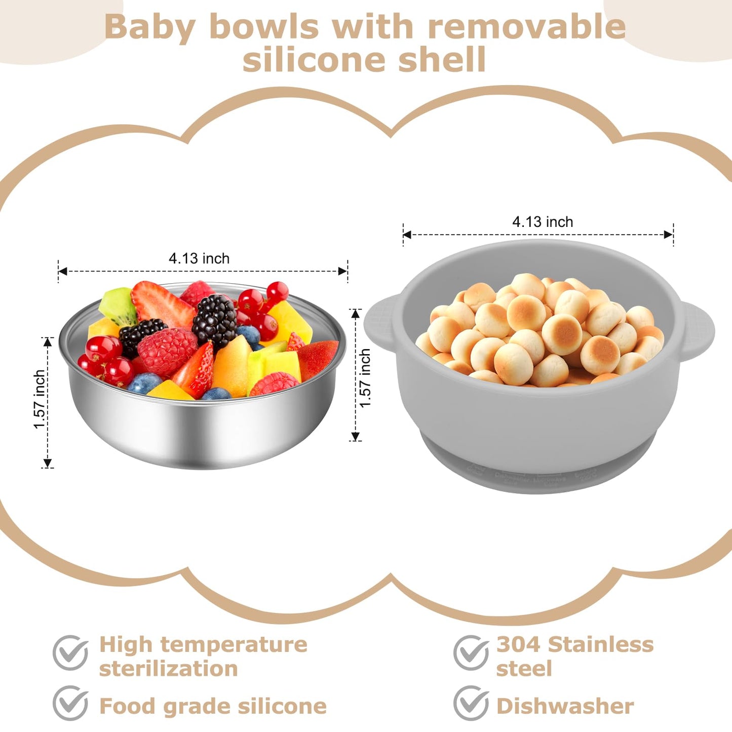 Dovesail gray and cream baby suction bowls on high chair tray