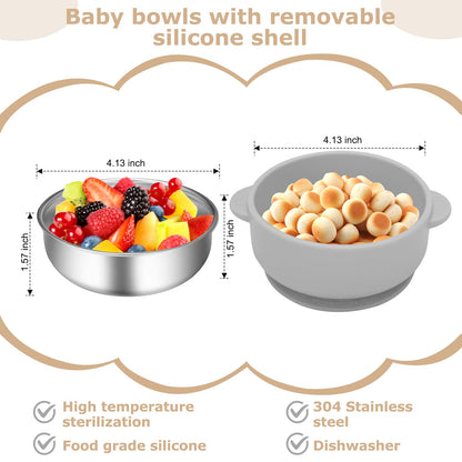 Dovesail gray and cream baby suction bowls on high chair tray