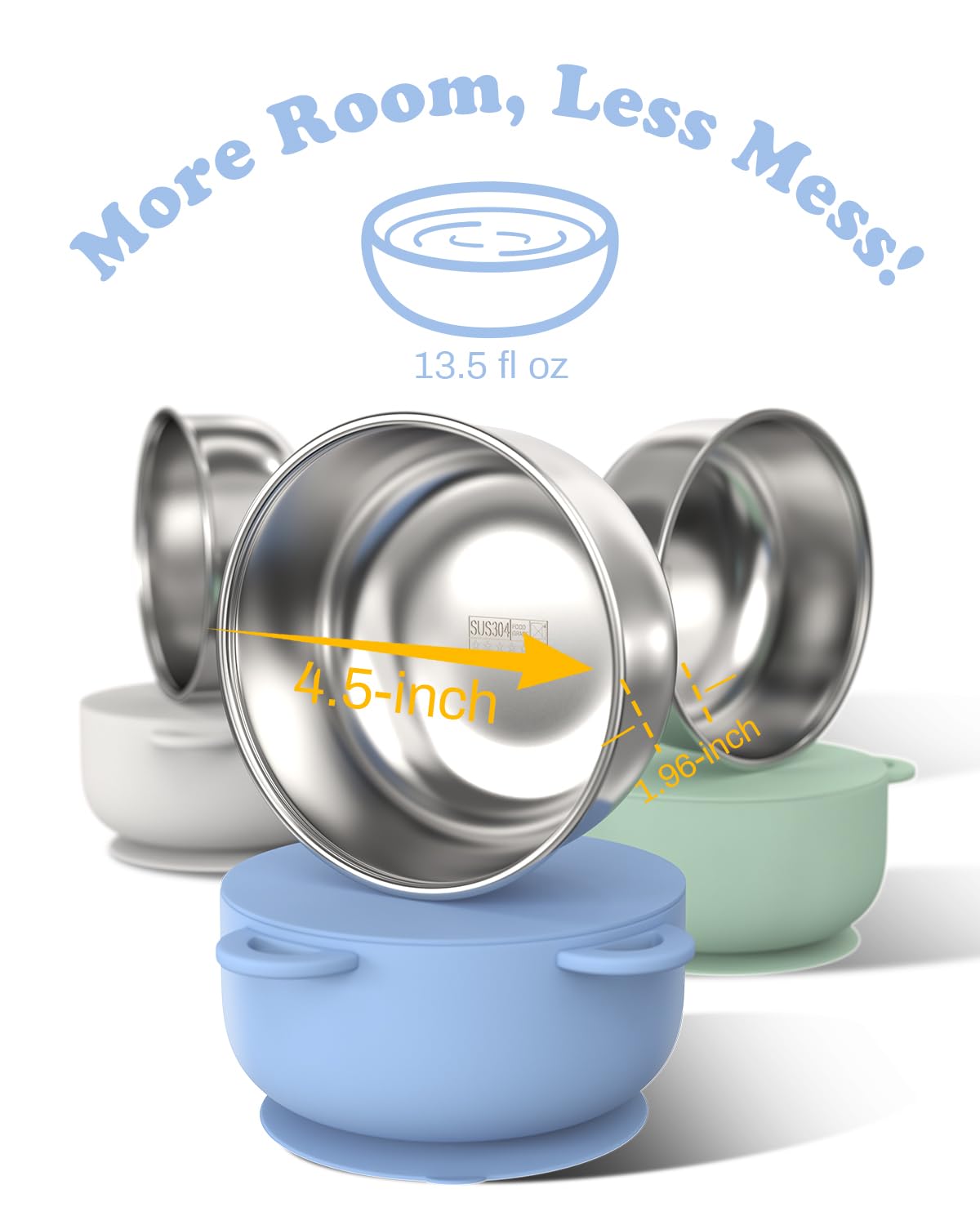 Top view of Bakpoco baby suction bowl showing 304 stainless steel interior