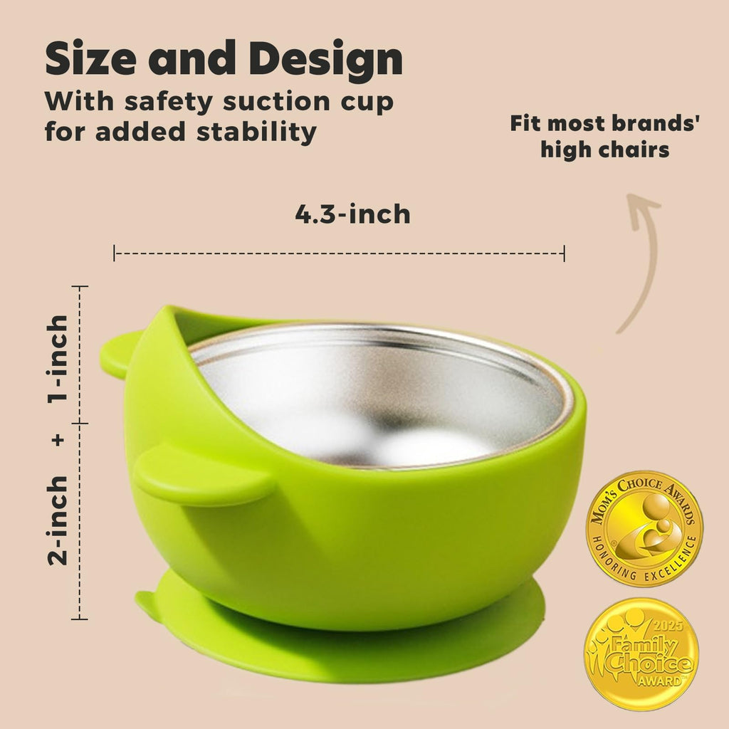 Side view showing stainless steel bowl and silicone suction base