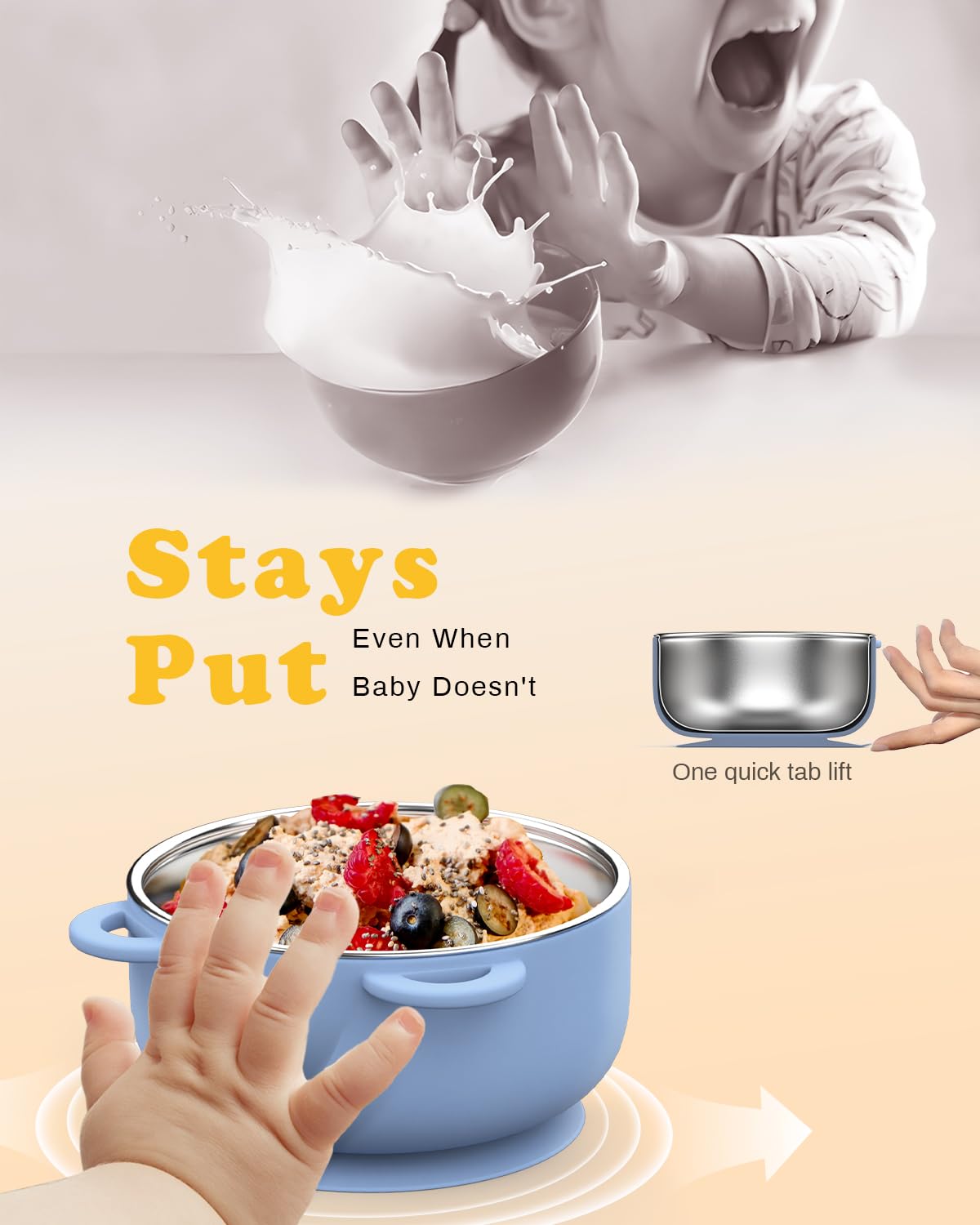 Baby using Bakpoco stainless steel suction bowl for self feeding