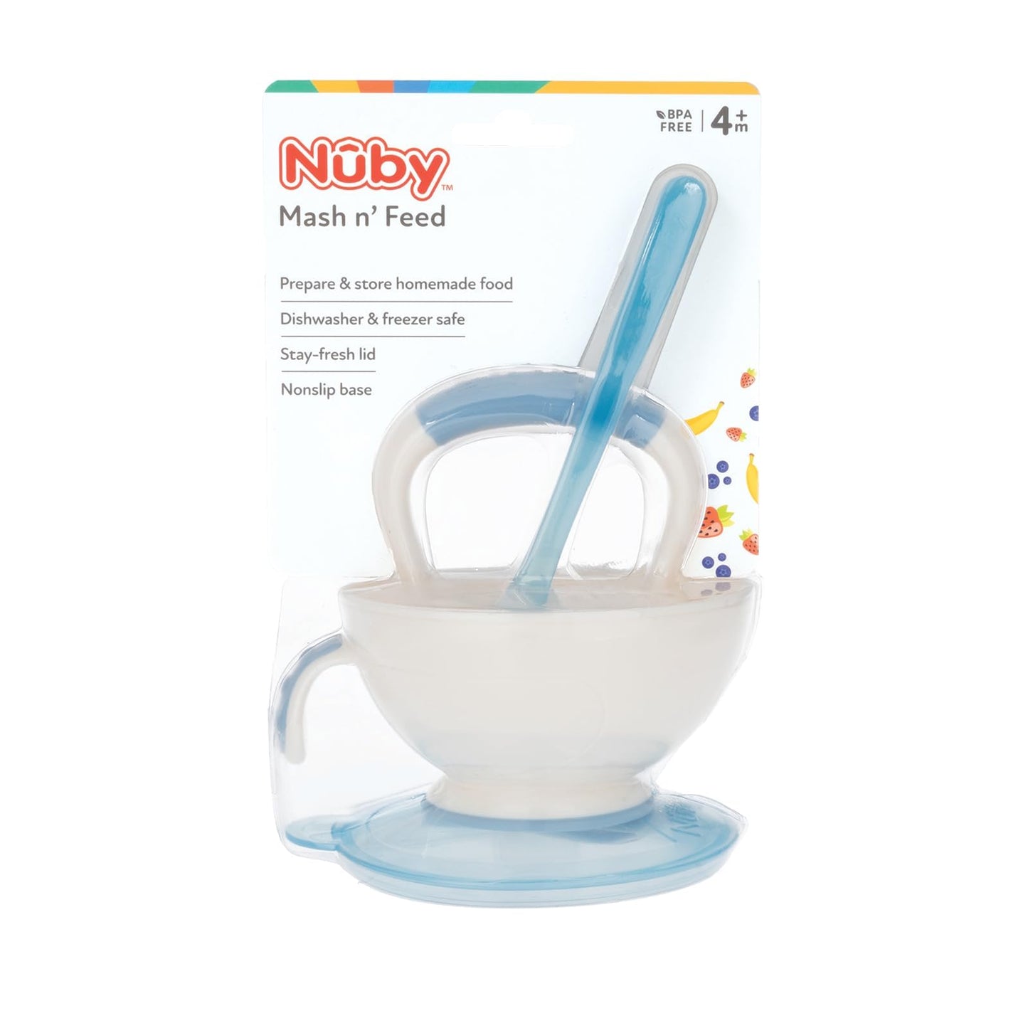 Parent using Nuby masher to prepare fresh baby food