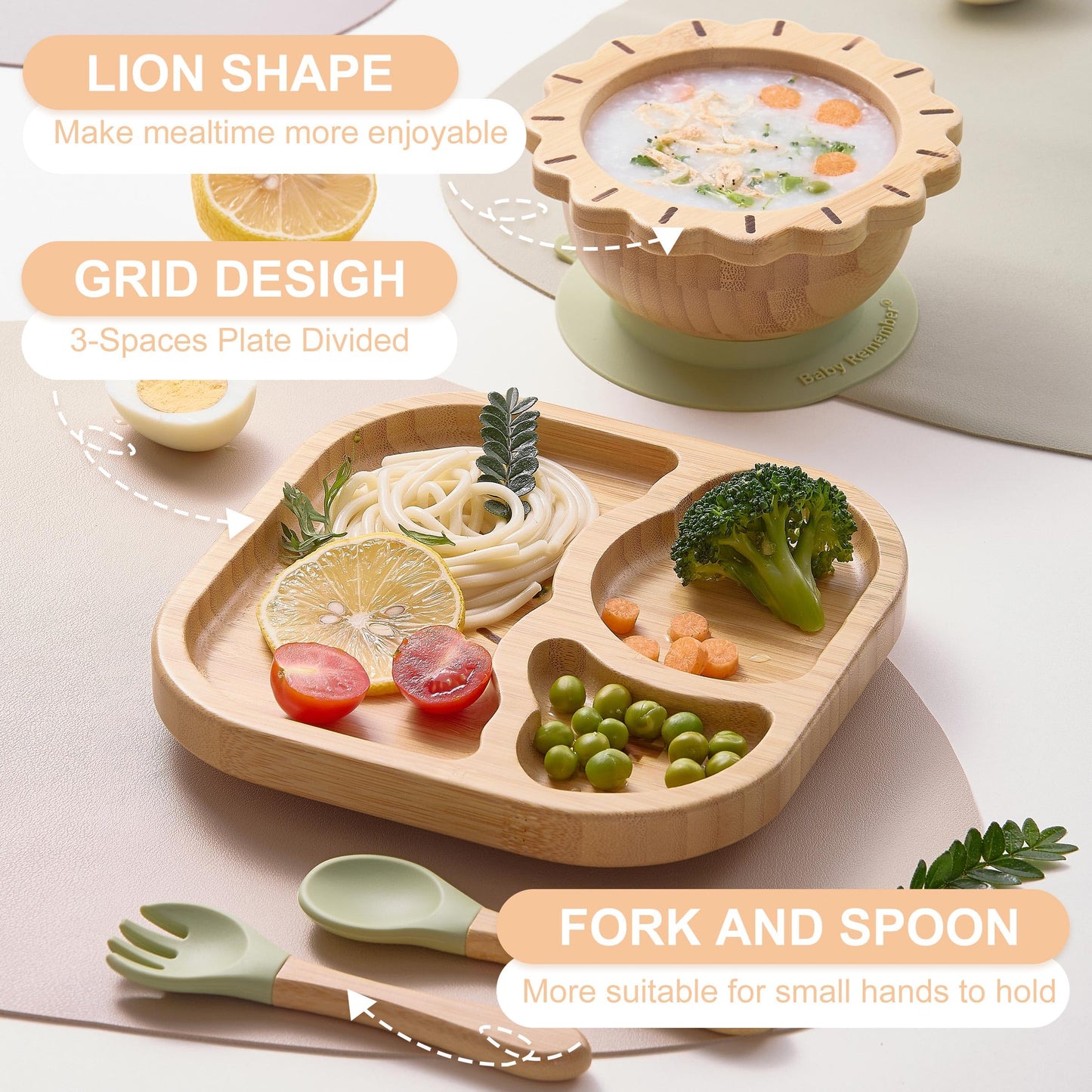 Green bamboo suction bowl for toddlers on a wooden table