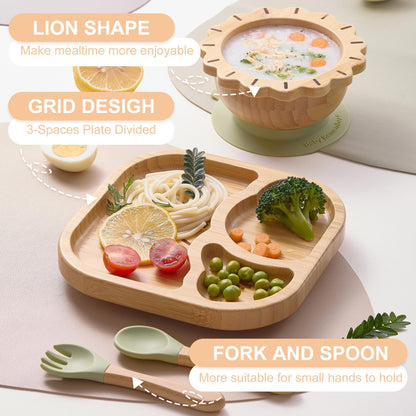 Green bamboo suction bowl for toddlers on a wooden table