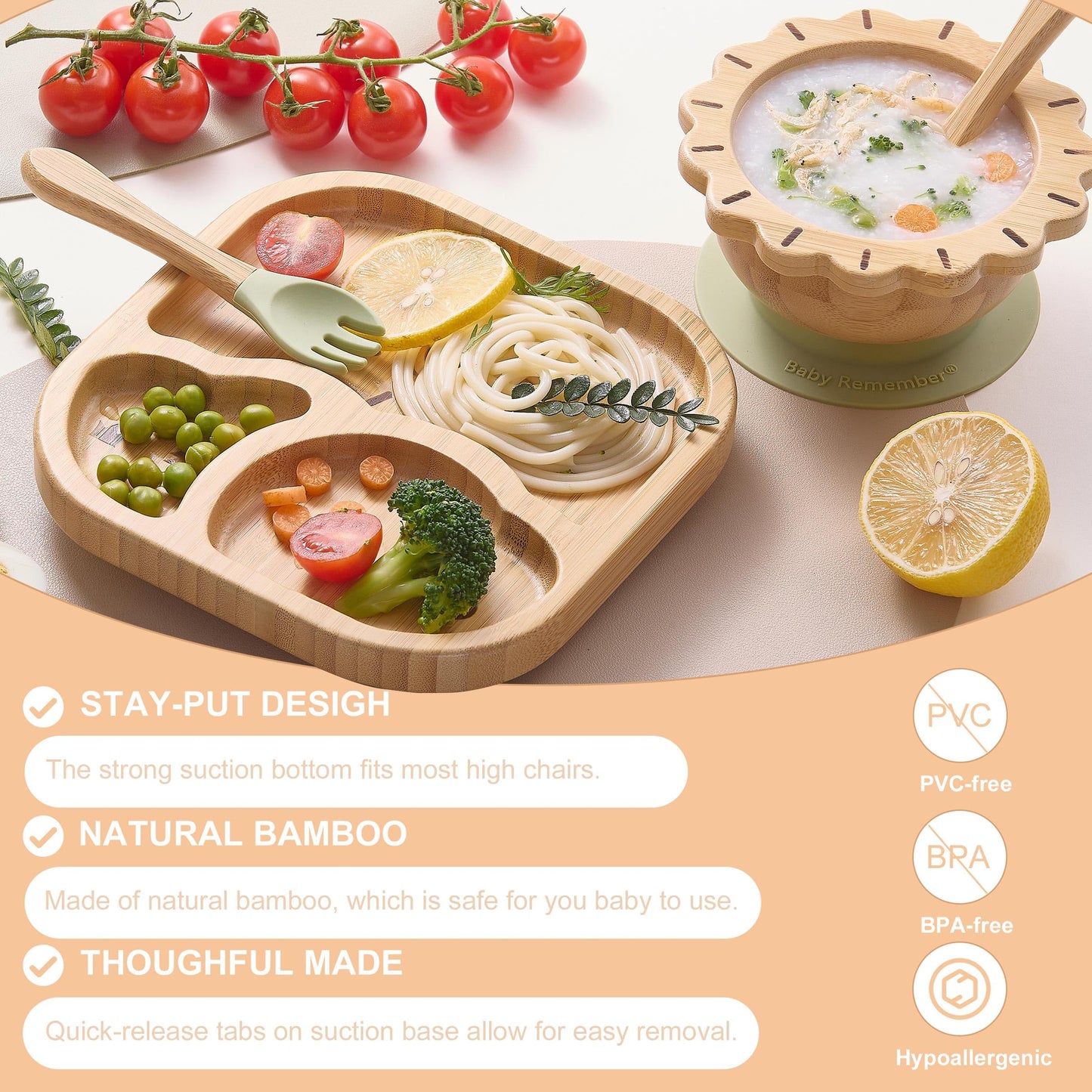 Close up of the non-toxic bamboo material and green silicone details