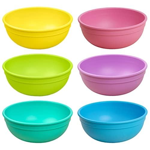 Re-Play 20 fluid ounce recycled plastic bowls stacked for storage