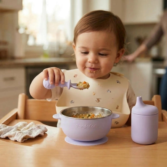 Three pack stainless steel baby suction bowls with matching silicone spoons