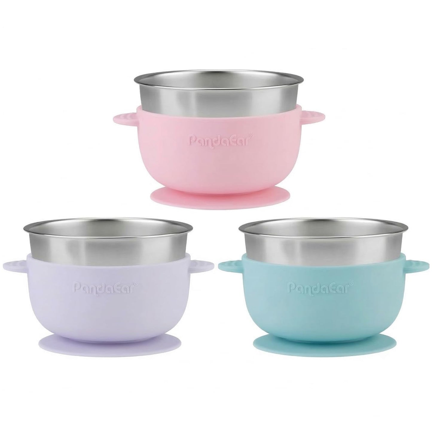 Top down view of baby led weaning stainless steel bowl set