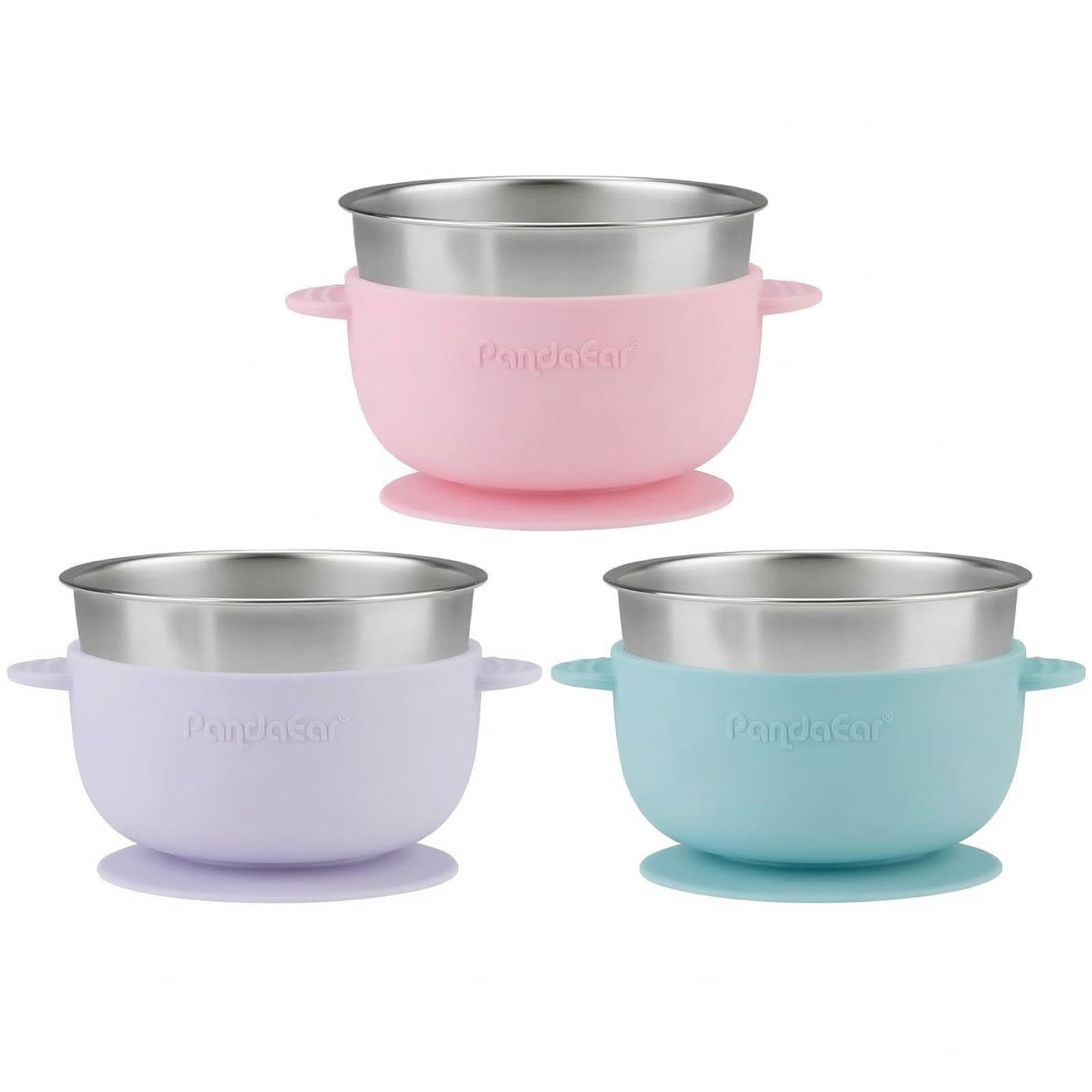 Top down view of baby led weaning stainless steel bowl set