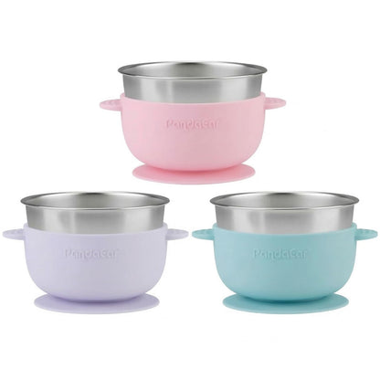 Top down view of baby led weaning stainless steel bowl set