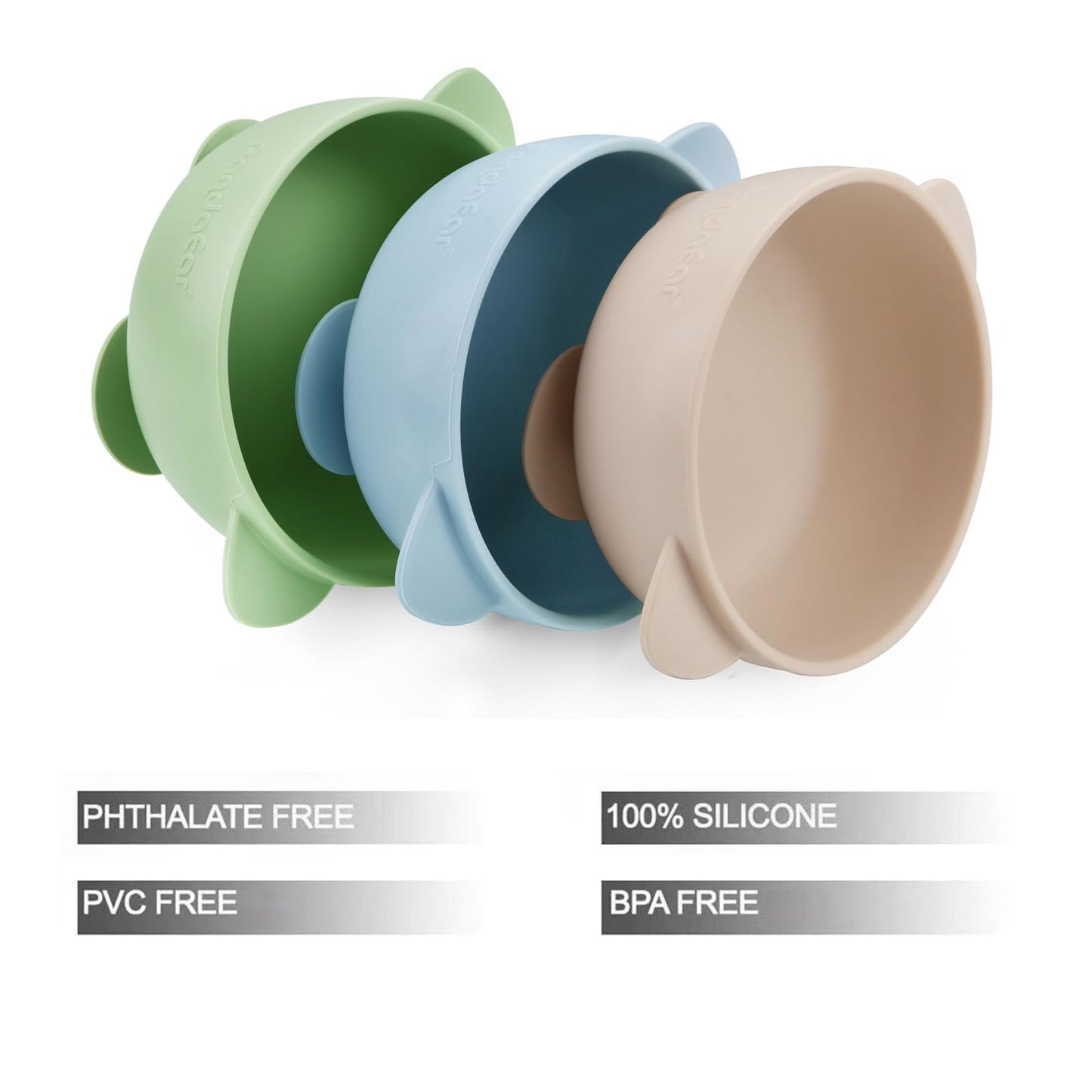 PandaEar silicone toddler bowls showing the triple suction cup base
